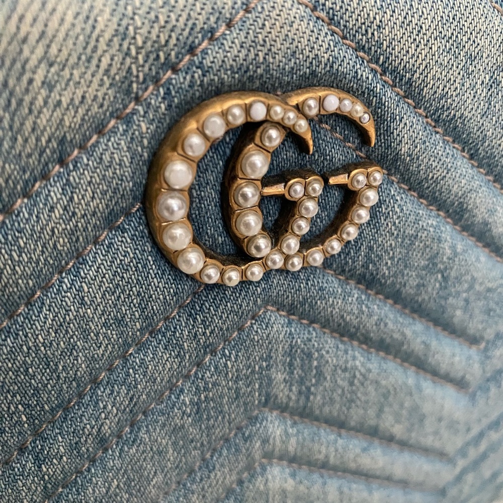 Gucci Denim Matelasse GG Marmont Tote with Pearl Accents